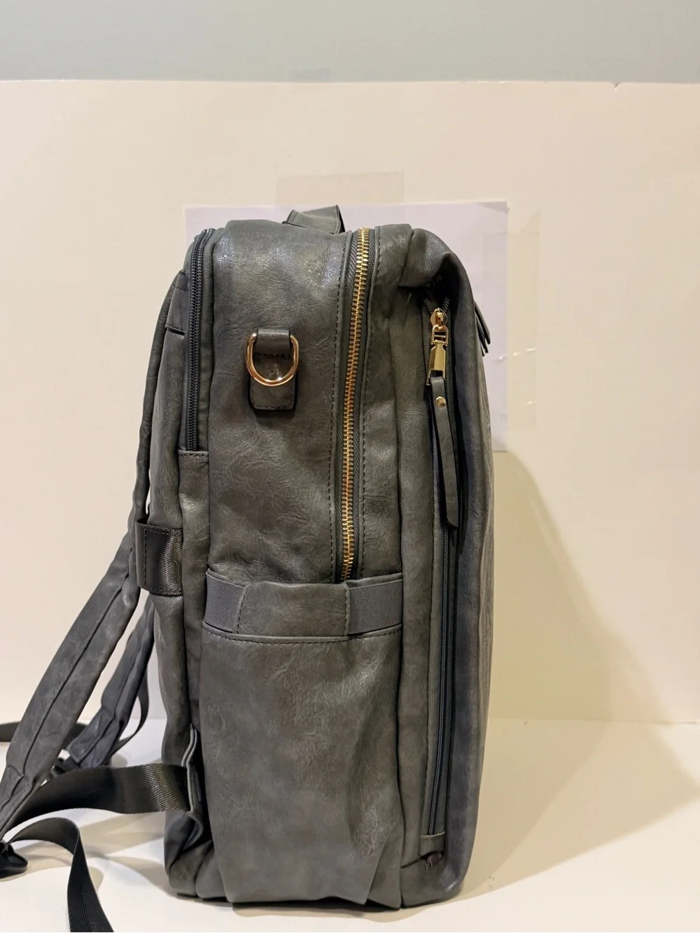 NWOT MyFriday Gray Faux/PU Leather Backpack with Striped Detachable Strap